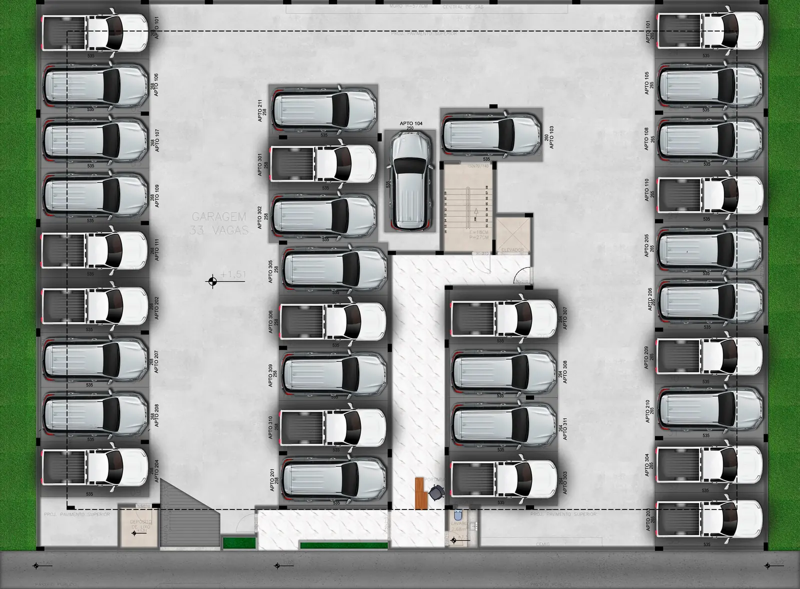 Planta da garagem do Ibizza Residencial com 33 vagas identificadas por apartamento